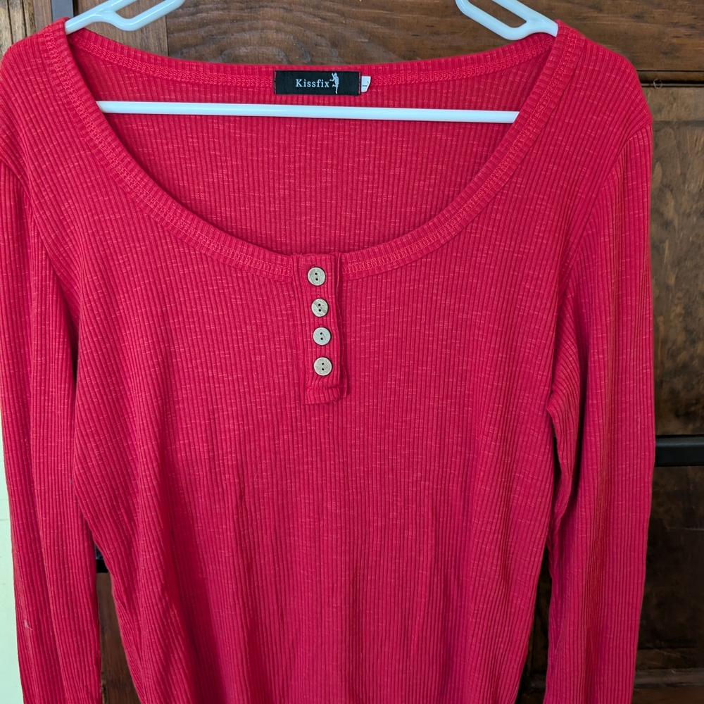 Kissfix Women's Red Ribbed Long Sleeve Henley Top
